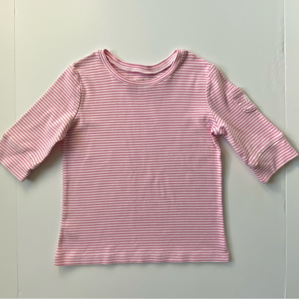 Lilly Pulitzer Shirt Size 12 Pink White Striped Cotton Top 3/4 Sleeves Logo.